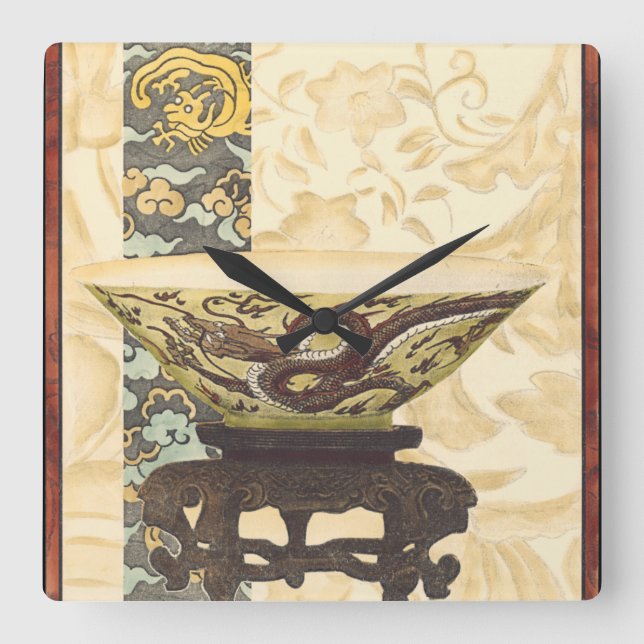 Asian Tapestry with Bowl and Dragon Design Square Wall Clock (Front)