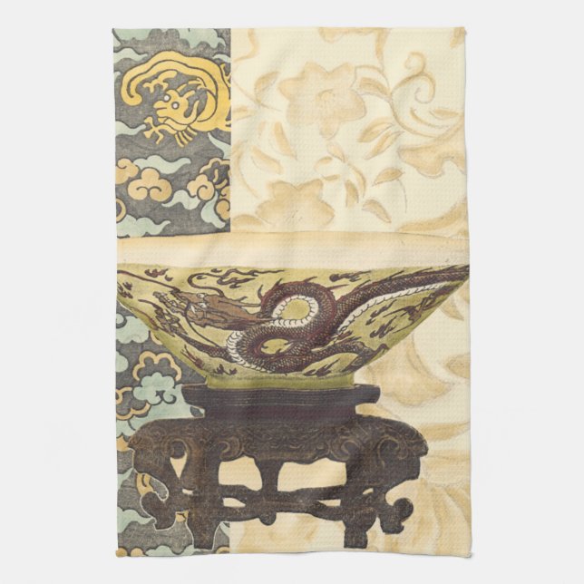Asian Tapestry with Bowl and Dragon Design Tea Towel (Vertical)