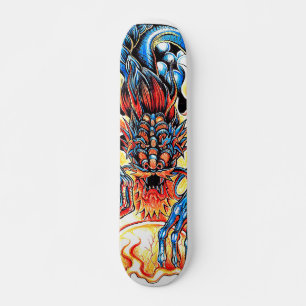 Asian tattoo blue dragon and flame orb cartoon skateboard