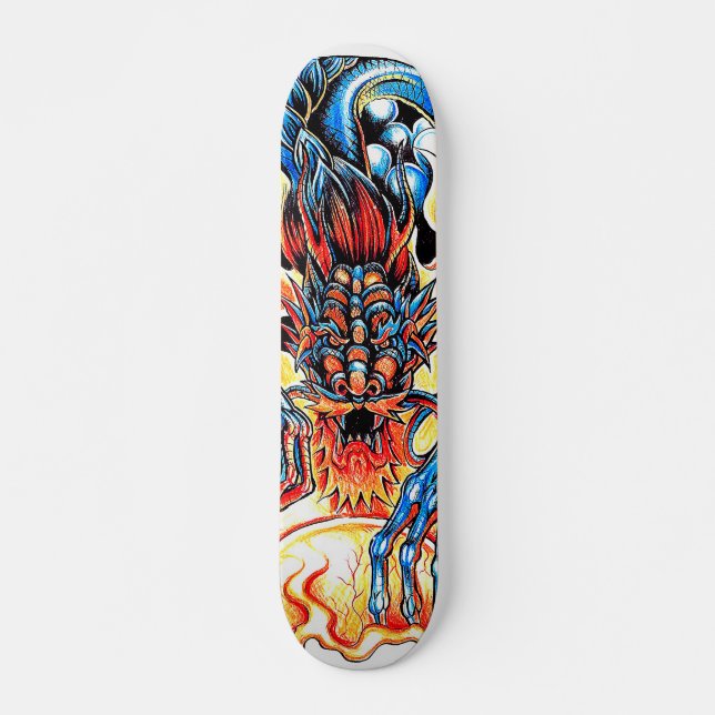 Asian tattoo blue dragon and flame orb cartoon skateboard (Front)