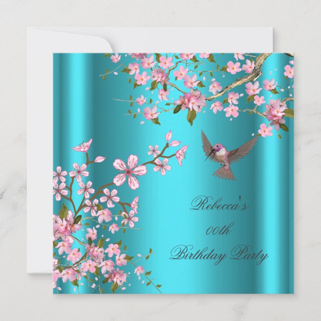Asian Teal Pink Blossom Birthday Party Bird Invitation (Front)