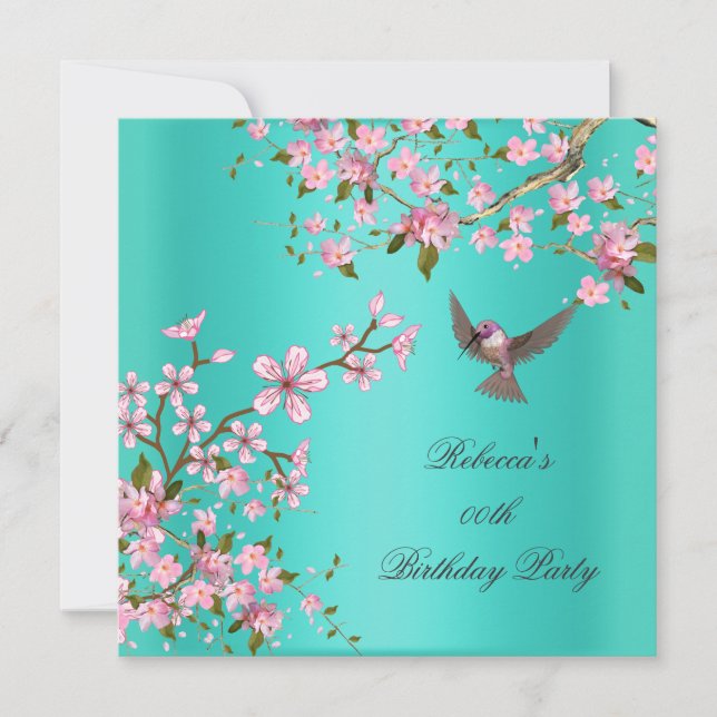Asian Teal Pink Blossom Birthday Party Bird Invitation (Front)