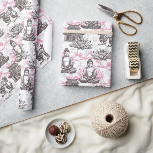 Asian Temple Buddha Floral Gift Wrapping Paper