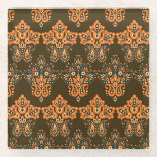 Asian Textile Paisley: Floral Vintage Illustration Glass Coaster