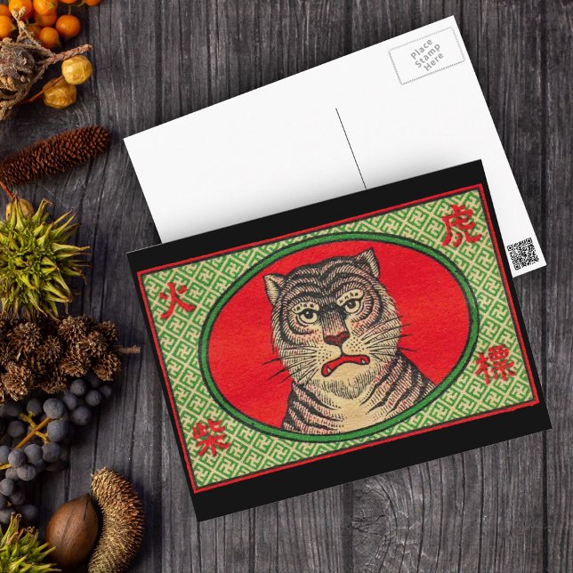 Asian Tiger Postcard (Asian tiger in red oval in green and black frame with Asian lettering on postcard.)