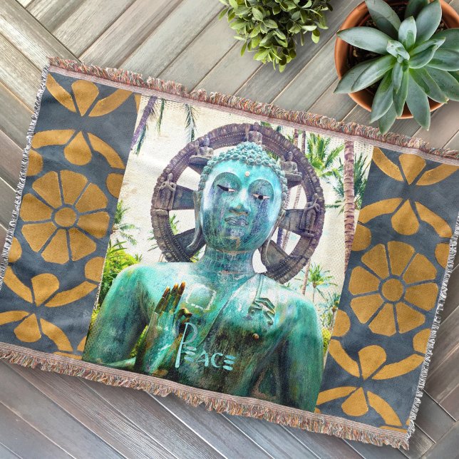 Asian Turquoise Buddha Statue Photo Peace Quote  Throw Blanket (Creator Uploaded)