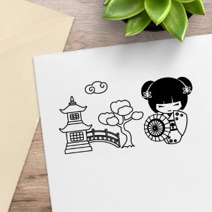 Asian Umbrella Geisha Girl in Kimono Scrapbook Rubber Stamp