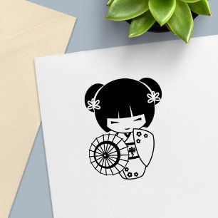 Asian Umbrella Girl in Kimono Colour Me Self-inking Stamp
