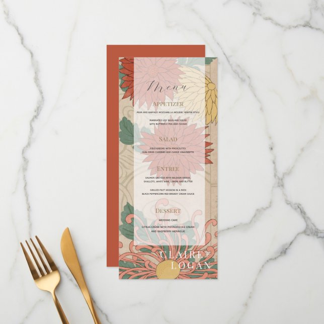 Asian Vintage Floral Beige & Red Wedding Menu (Front/Back In Situ)