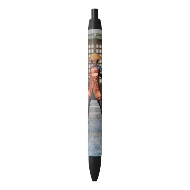 Asian Warrior Maiden Fantasy Samurai Artwork Black Ink Pen (Front Vertical)