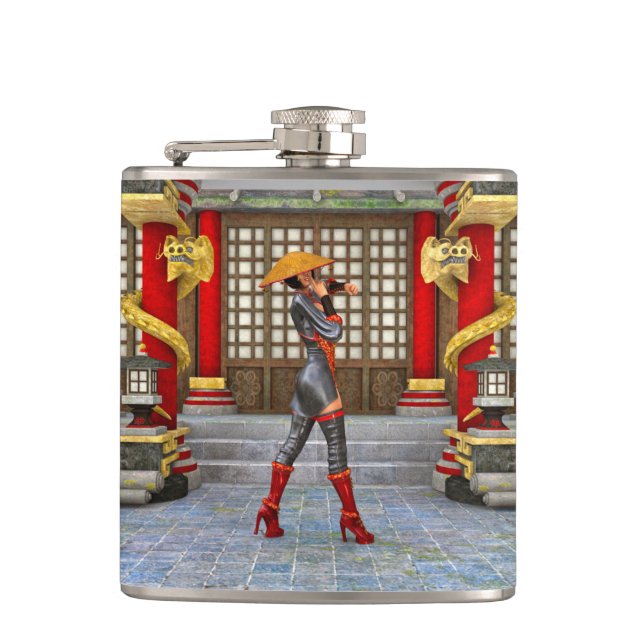 Asian Warrior Maiden Fantasy Samurai Artwork Hip Flask (Front)