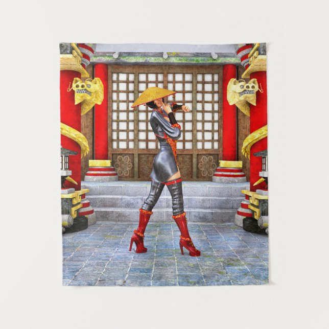Asian Warrior Maiden Fantasy Samurai Artwork Tapestry (Front)