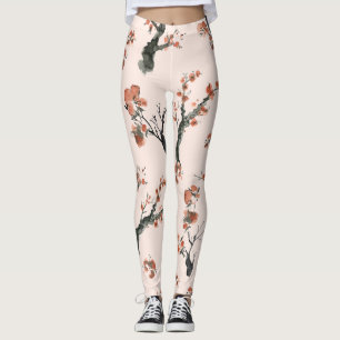 Asian Watercolor Floral Cherry Tree Pattern Leggings