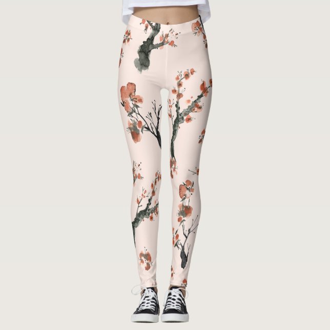 Asian Watercolor Floral Cherry Tree Pattern Leggings (Front)