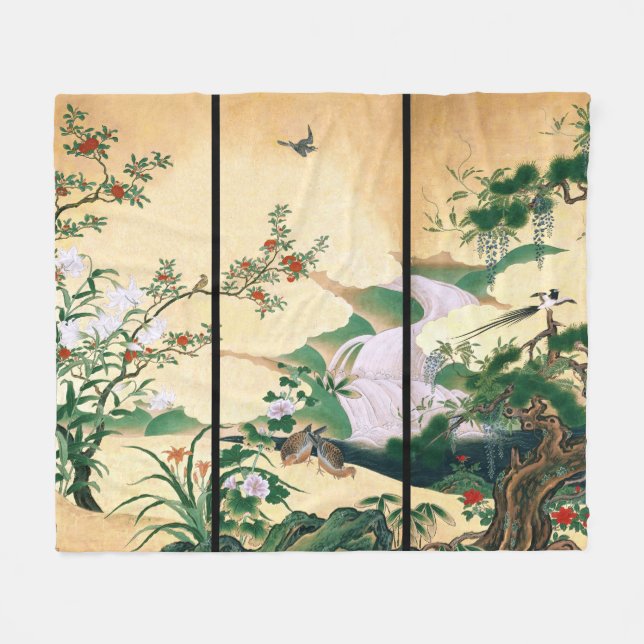 Asian Waterfall Wisteria Roses Bird Fleece Blanket (Front (Horizontal))