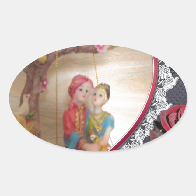 Asian Wedding Couple on Heart Swing Art Print/ Oval Sticker (Front)