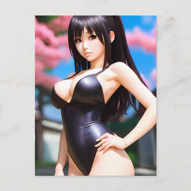 Asian Woman In a Leather Swimsuit in Spring Postcard (Front)