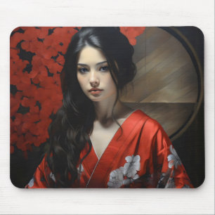 Asian Woman Red Kimono Mouse Mat