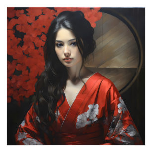 Asian Woman Red Kimono Photo Print