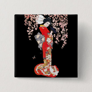 Asian Woman with Cherry Blossom Night 15 Cm Square Badge