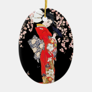 Asian Woman with Cherry Blossom Night Ceramic Tree Decoration