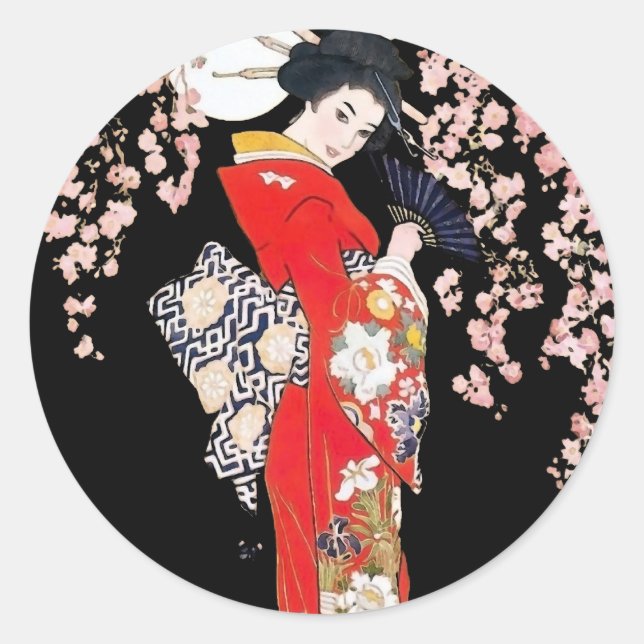 Asian Woman with Cherry Blossom Night Classic Round Sticker (Front)