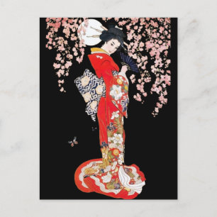 Asian Woman with Cherry Blossom Night Postcard