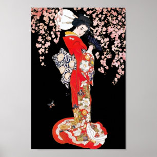 Asian Woman with Cherry Blossom Night Poster