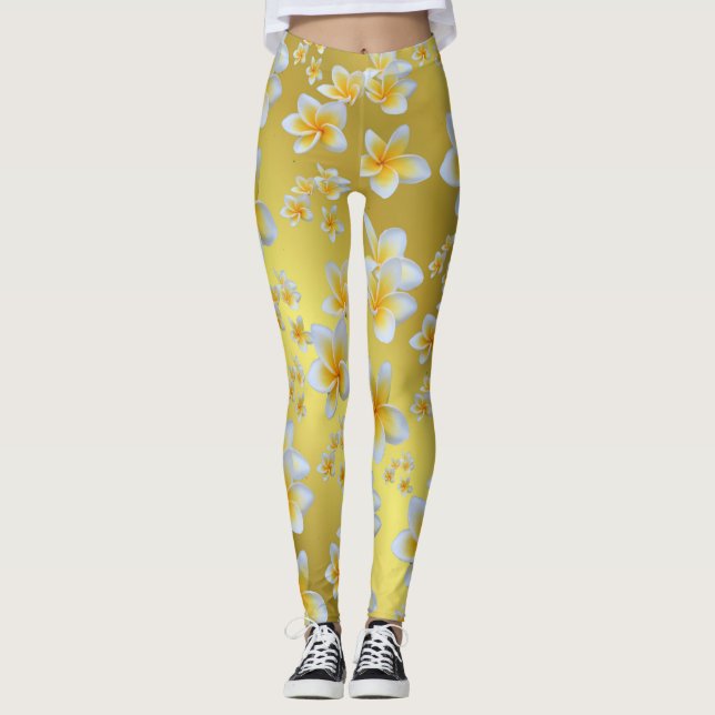 asian, yellow, white, bloom, bright, gold, floral leggings (Front)