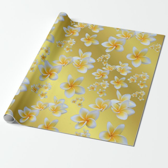 asian, yellow, white, bloom, bright, gold, floral wrapping paper (Unrolled)