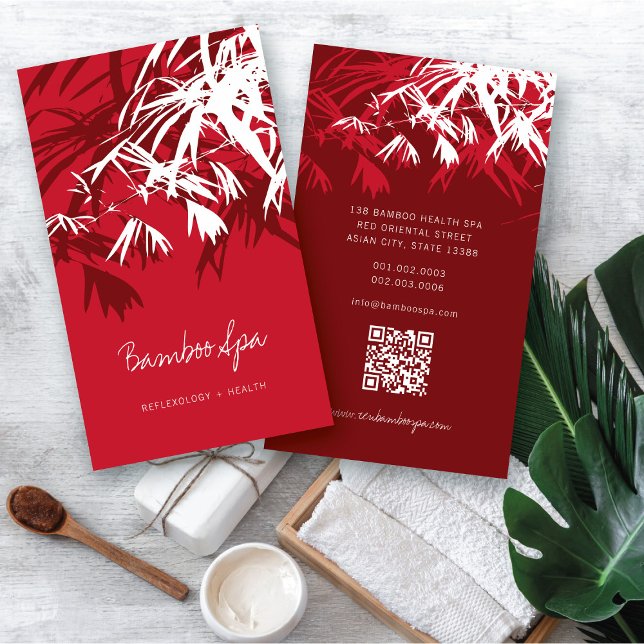 Asian Zen Red Bamboo Leaves Modern Oriental Spa Business Card (Oriental Asian Bamboo Leaves Modern Zen Spa Business Card / Profile Card @ fatfatin_red_knot)
