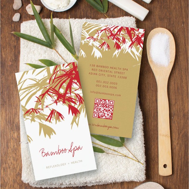 Asian Zen Red Bamboo Leaves Modern Oriental Spa Business Card (Oriental Asian Bamboo Leaves Modern Zen Spa Business Card / Profile Card @ fatfatin_red_knot)
