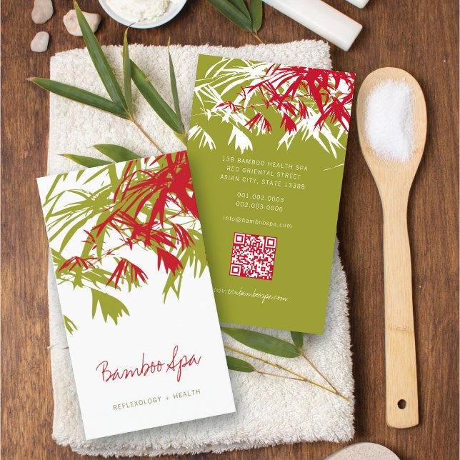 Asian Zen Red Bamboo Leaves Modern Oriental Spa Business Card (Oriental Asian Bamboo Leaves Modern Zen Spa Business Card / Profile Card @ fatfatin_red_knot)