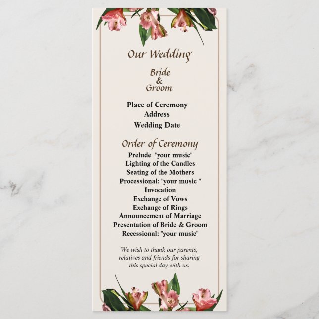 Asiatic Lilies and Leaves Wedding Program Programme (Front)
