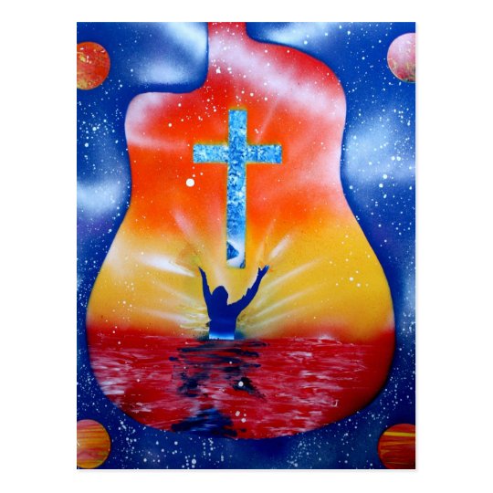 Ask and ye shall receive- man cross guitar postcard