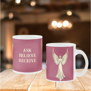 Ask, Believe, Receive    Gold Angel Wings Red Frosted Glass Coffee Mug