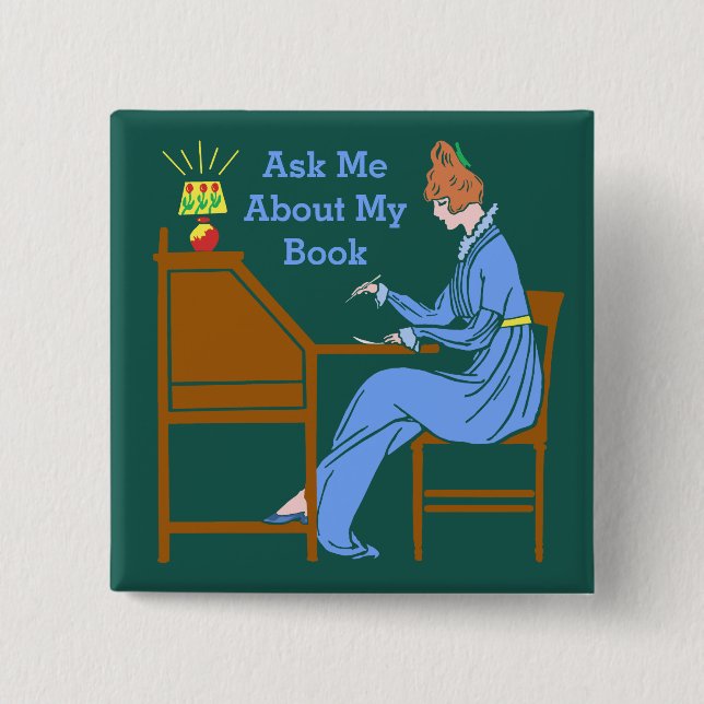Ask Me About My Book Art Deco Lady Author 15 Cm Square Badge (Front)