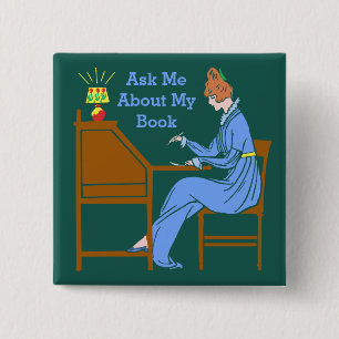 Ask Me About My Book Art Deco Lady Author 15 Cm Square Badge