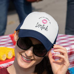 Ask Me About My Lipstick | Lip Product Distributor Trucker Hat<br><div class="desc">Promote your Lipsense or lip product business in a unique and eyecatching way with our cute promotional trucker hat featuring "ask me about my lipstick" in chic block and handwritten typography,  with a bright pink lip print kiss illustration in the centre.</div>