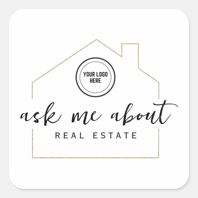 Ask Me About Real Estate Gold Houses Add Logo Square Sticker (Front)