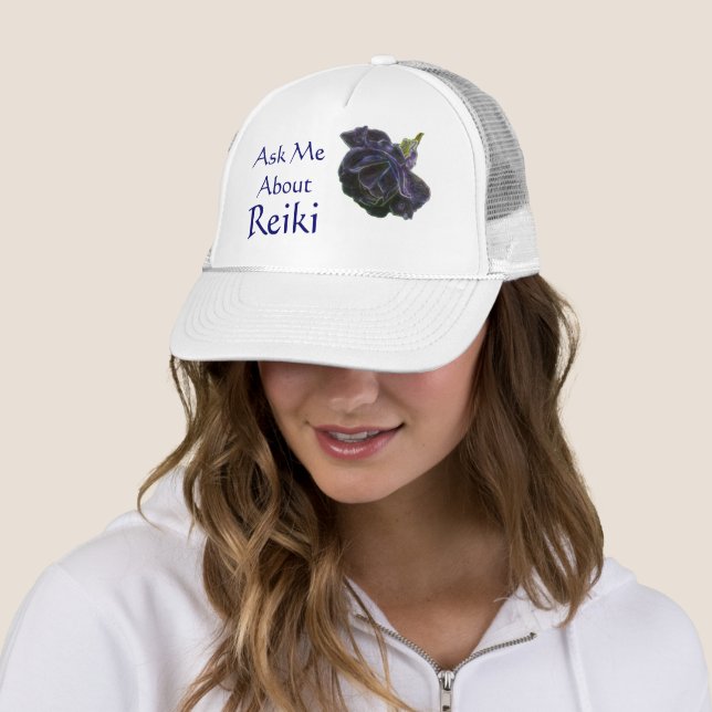 Ask Me About Reiki Purple Rose Trucker Hat (In Situ)