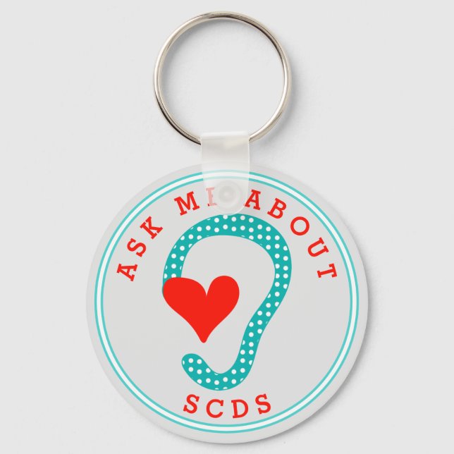 Ask me about SCDS (Red Text and Aqua) Key Ring (Front)
