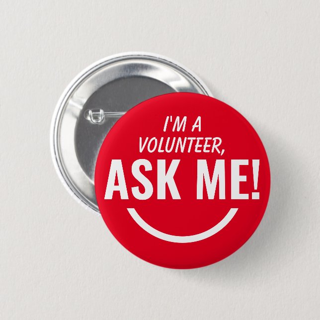 Ask Me Red Volunteer Badge Pinback (Front & Back)