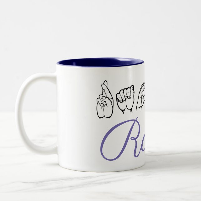 ASL American Sign Language Finger-spelled Rachel Two-Tone Coffee Mug (Left)
