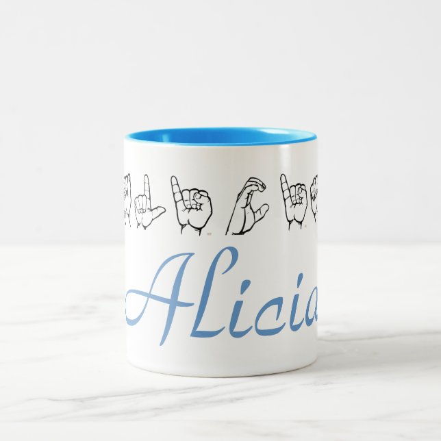ASL American Sign Language Fingerspelled Alicia Tw Two-Tone Coffee Mug (Center)