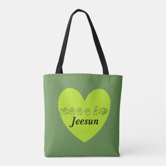 ASL Custom Name Jeesun Fingerspell Alphabet Tote Bag (Back)