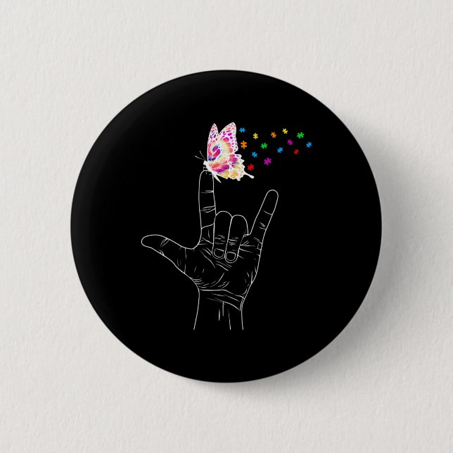 ASL I Love You Hand Sign Language Butterfly Autism 6 Cm Round Badge (Front)