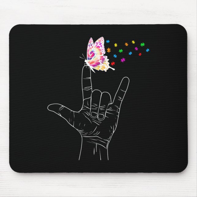 ASL I Love You Hand Sign Language Butterfly Autism Mouse Mat (Front)