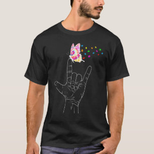 Asl I Love You Hand Sign Language Butterfly Autism T-Shirt