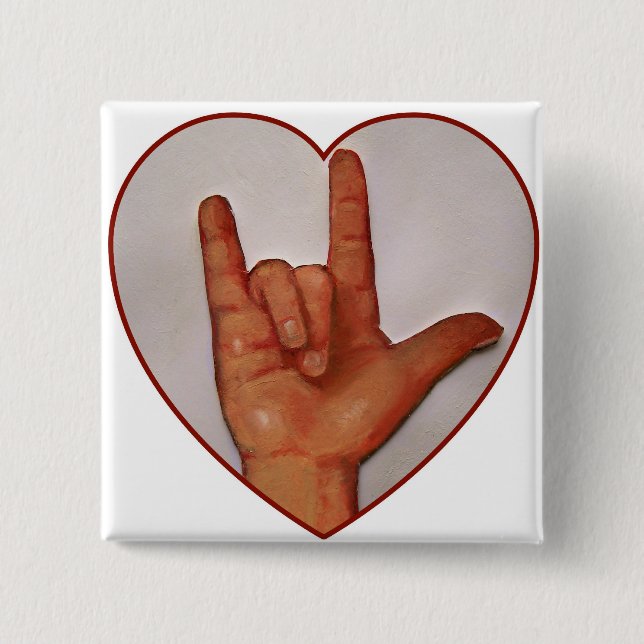 ASL I LOVE YOU, HEART SHAPED 15 CM SQUARE BADGE (Front)